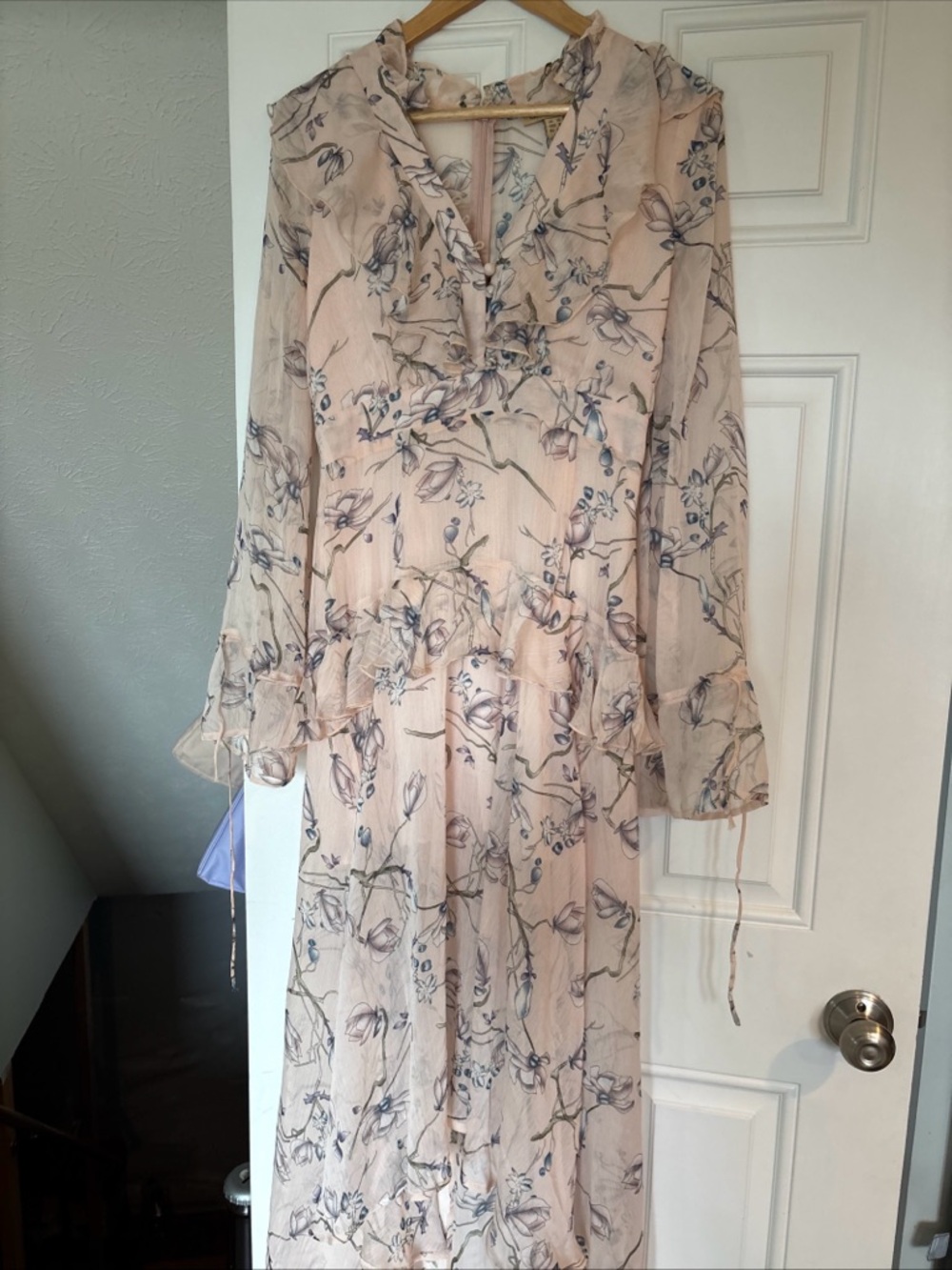 Sheer Floral Ruffle Midi Dress in Blush Pink